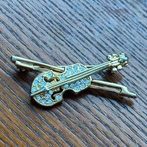 Gorgeous vintage Gold Violin Brooch with Crystal Rhinestones